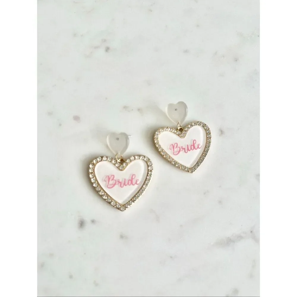 Bridal heart rhinestone dangle earrings